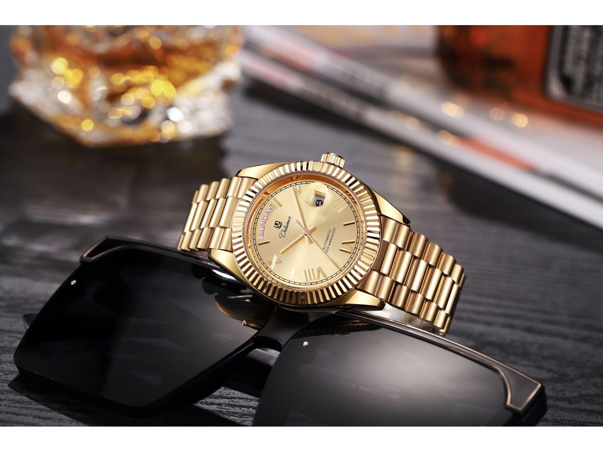 Durenwei 25 Золотые Двойная Дата Автоматические Мужские Водонепроницаемые Деловые Часы