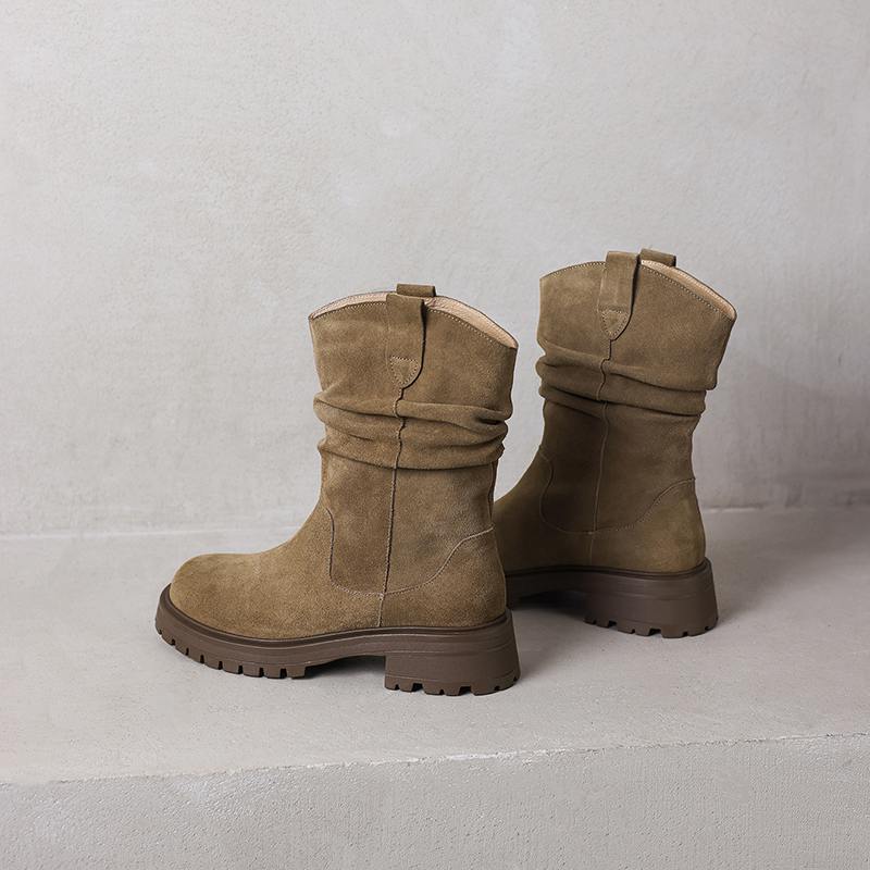 Krazing Pot Cow Suede Nubuck Winter Round Toe Western Boots Med Heels Pleated Decoration Women British School Mid-calf Boots