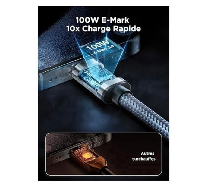 Câble USB C vers USB C [1m+1m/Lot de 2] 100W Cable USB C Charge Rapid 5A PD3.0, Chargeur Type C Nylon USB C Cordon pour iPhone 16 15