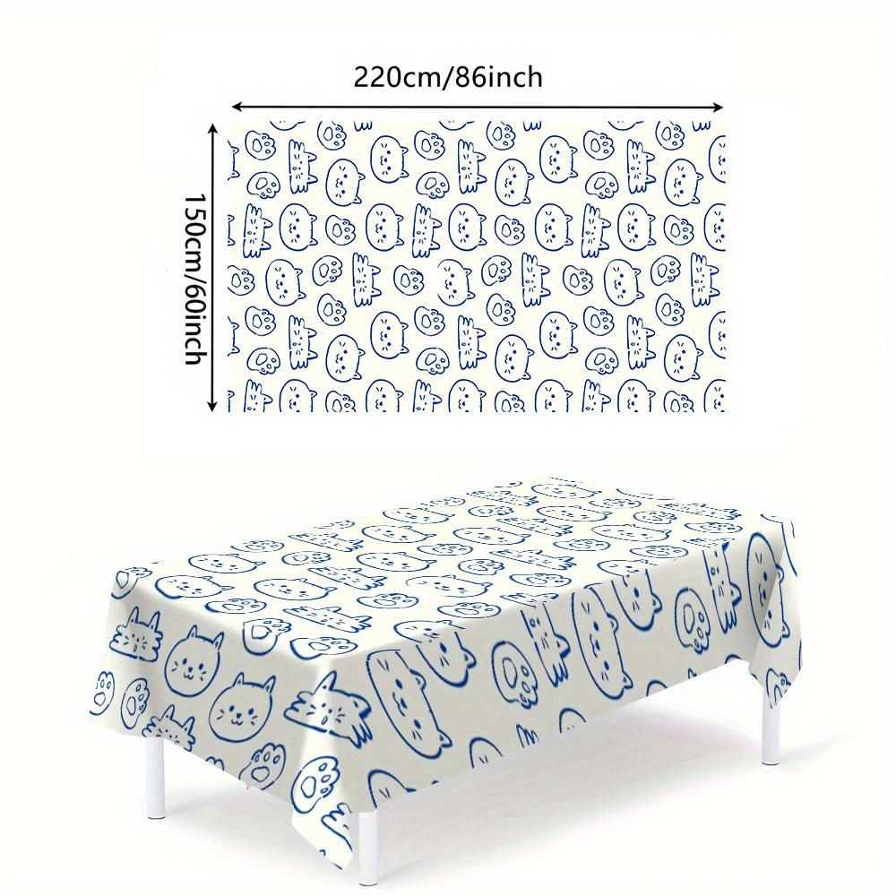 Ins Minimalist Blue Line Hand Drawn Cute Cat All Over Print Tablecloth Spill Resistant Wipe Clean Cover Dining Coffee Kitchen