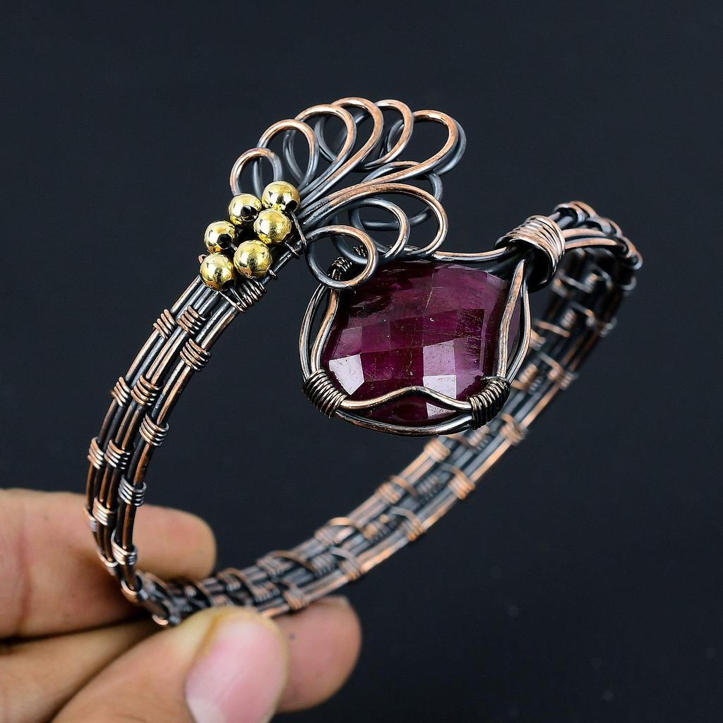 Ruby Bangle, 999 Copper Wire Wrapped Gemstone Jewelry, Handmade Bangle For Thanksgiving