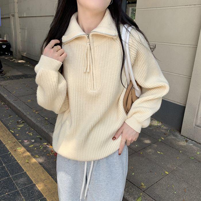 

Полумолния пуловер трикотажный женский свободный тонкий верхняя одежда толстый свитер куртка топ M