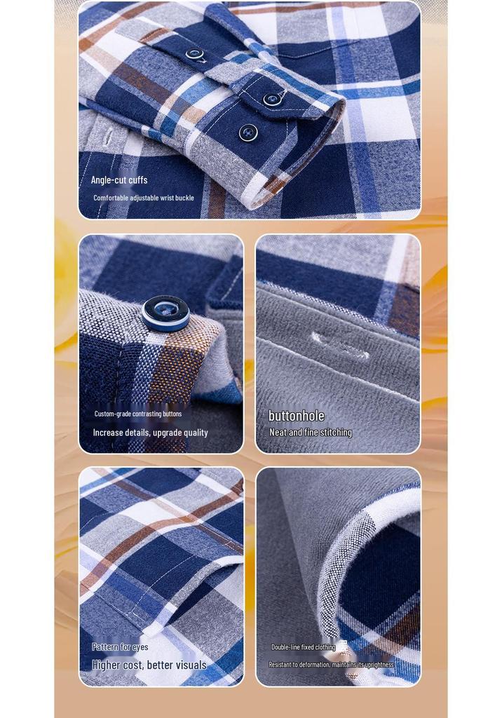 New Plus Size Velvet-Lined Men's Pure Cotton Plaid Shirt - Warm, Thickened for Autumn/Winter Cold Protection