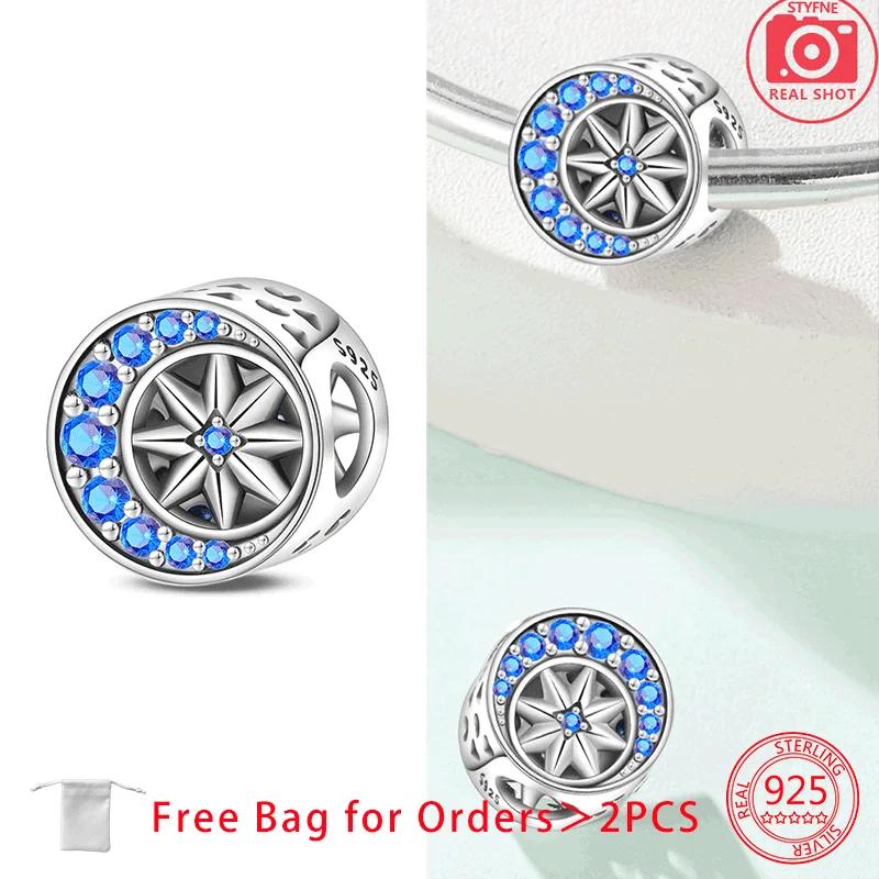 Copper Blue Zircon Heart Love Starry Sky Moon Stars Charms Beads Fit Diy Bracelet Women Jewelry Delicate Fine Gift