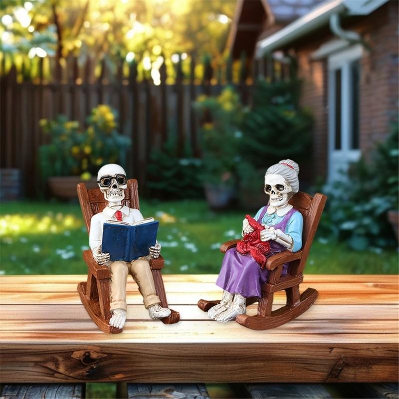 2 Piece Gothic Skeleton Couple Sitting In Rocking Chair With Book Figurine Sculpture Horror Home Decors Resins Ornaments