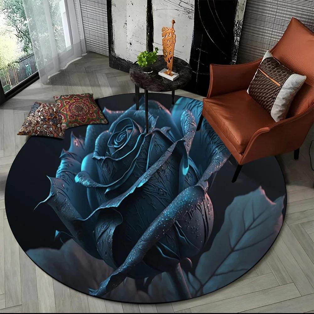 3D Luxusný koberec Flower Rose Daisy Nordic Okrúhly koberec do obývačky Spálňa Dekor stoličky do detskej herne, Protišmyková podložka pre domáce zvieratá