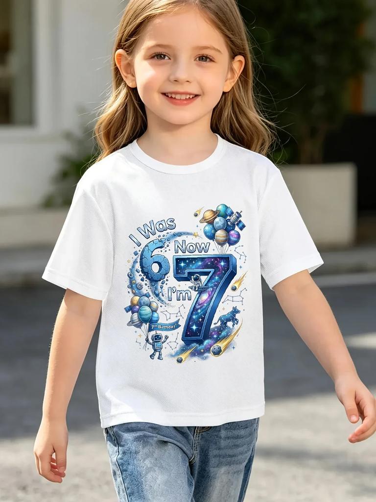 Kinder 7. Geburtstag Party T-Shirt Weltraumrakete Planet Astronaut Muster Kurzarm Oberteil Ich war 6 Jetzt bin ich Sieben Geburtstagsgeschenk T-Shirt