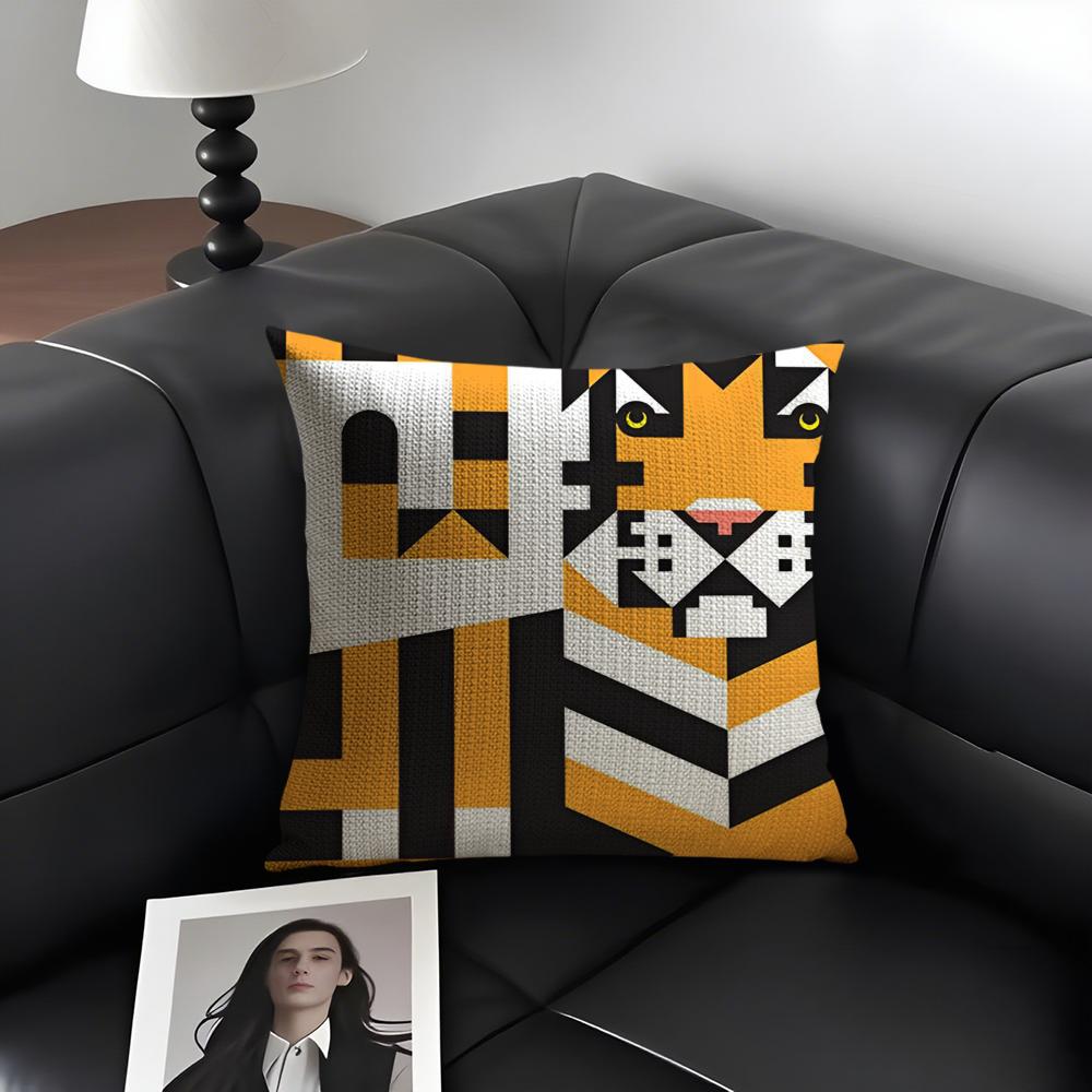 Simple Animal Anime Art Cushion Cover Natural Linen Organic Fabric DoubleSided Printing Sofa Home Decor Gift Pillow Case