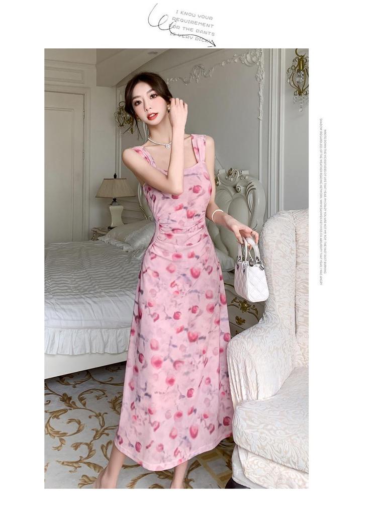 Spring Summer Floral Mesh Spaghetti Strap Maxi Dress for Women