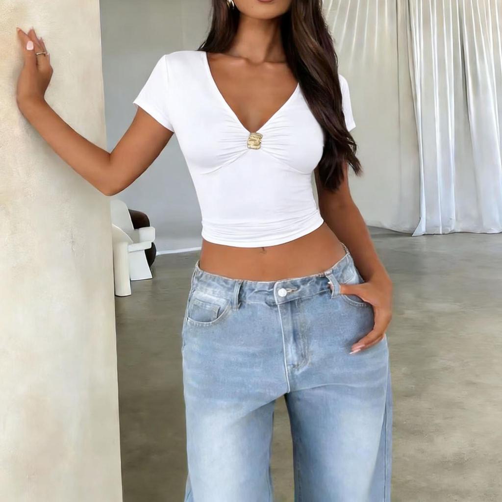 European-American Fashion V-neck Sexy Short-Sleeve Women's T-shirt - 2026 New Style Pullover Top