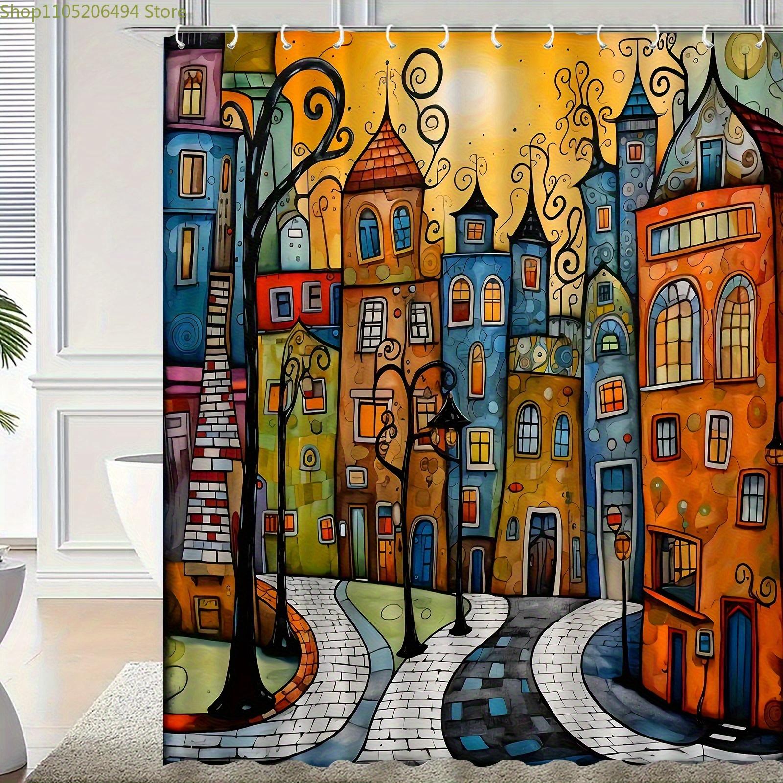 

1Pc Colorful City Street Scene Pattern Shower Curtain, Digital Print, High-End Elegant Retro Bathroom Curtain, No-Hole-Punchin W60H190(CM)-1 Pcs
