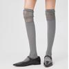 Solid Color Stretch Ruffle Trim Over Knee Long Socks for Women Japanese Student Sheer Mesh Splicing Thigh High Stockings