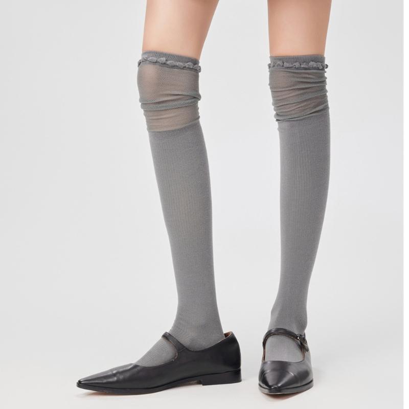 Solid Color Stretch Ruffle Trim Over Knee Long Socks for Women Japanese Student Sheer Mesh Splicing Thigh High Stockings