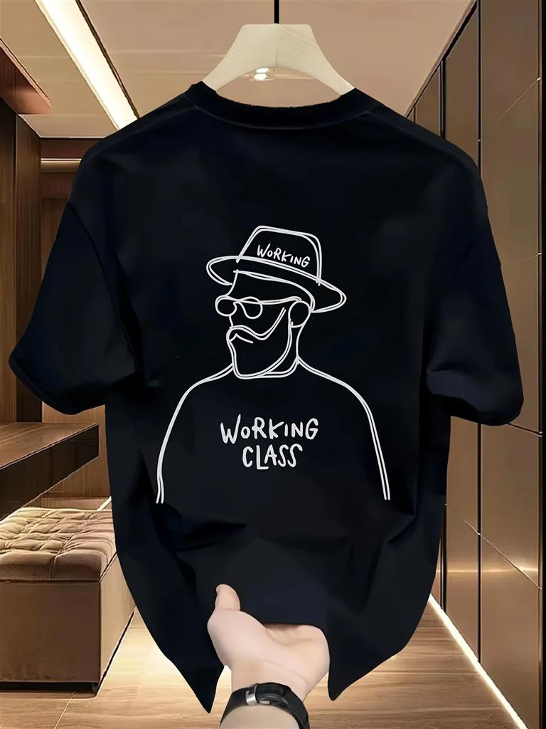 Handdrawn Line Art Print Of Workingclass Elderly Unisexs 100 Cotton Tshirt Casual Shortsleeved Street Style Top