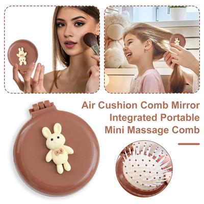 Foldable Hair Brush with Mirror Soft Bristles Scalp Massage Cartoon Bowknot Bunny Portable Hair Detangling Styling Comb Hairdressing Tools Birthday
