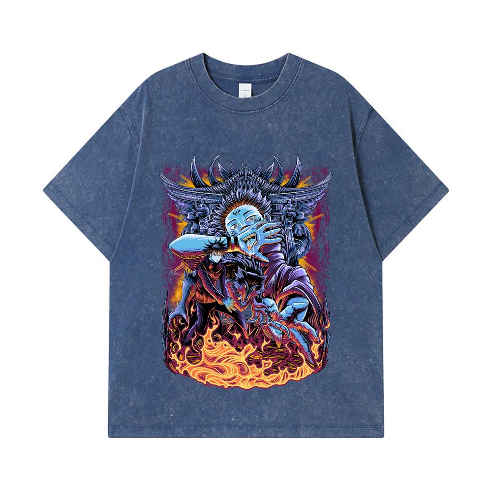 

275 GSM Washed T-shirts 100% Cotton Jujutsu Kaisen V8 Sukuna Print Unisex Heavy Cotton T Shirt 2XL королівський синій колір