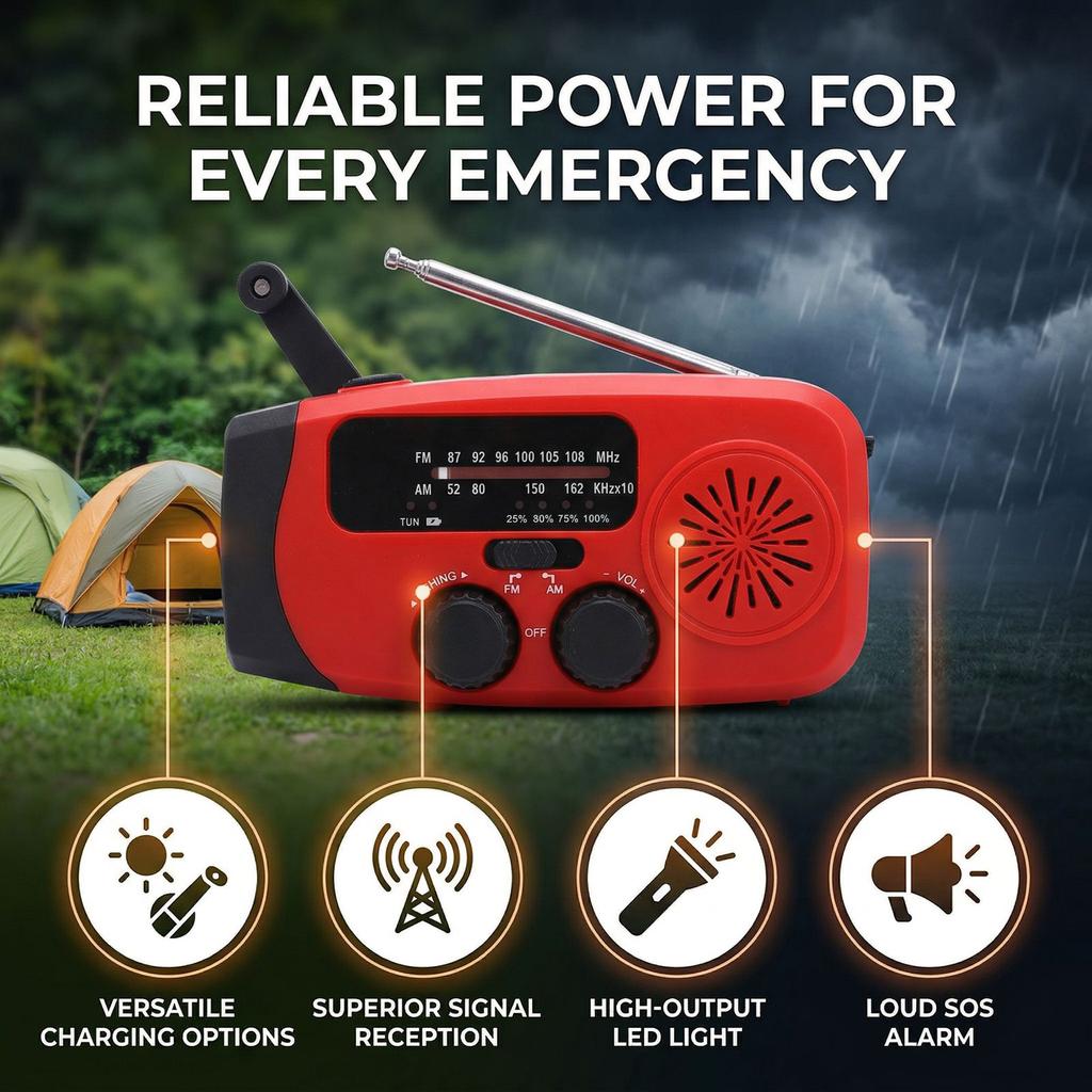 Solar Hand Crank Radio Multifunctional 2000mAh Battery Portable AM FM Radio LED Flashlight SOS Alarm for Hiking Camping