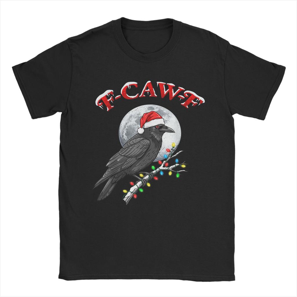 Crow F-Caw-F Funny Black Bird Moon Christmas Santa Hat T-Shirt for Men Crew Neck T Shirts Short Sleeve Tee Shirt Clothing