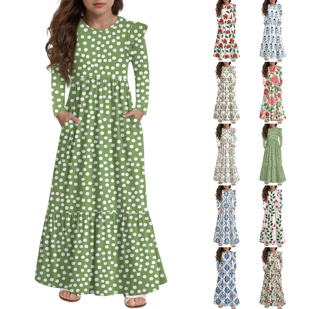 Girls' Tiered Ruffle Dress - Long Sleeve Printed Maxi With Pockets