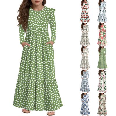 Mädchen Stufenkleid mit Rüschen - Langärmeliges bedrucktes Maxi mit Taschen