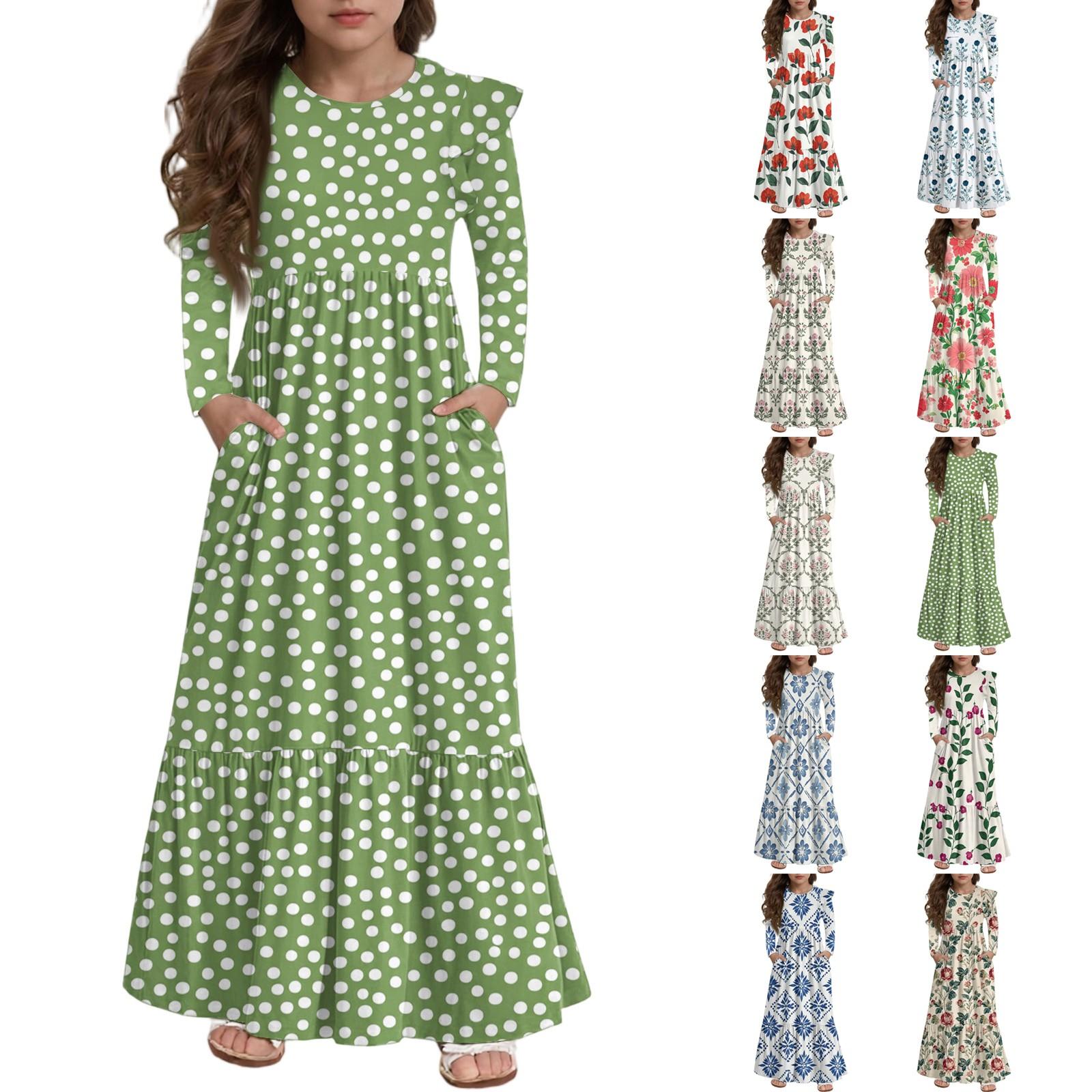 

Girls Tiered Ruffle Dress - Long Sleeve Printed Maxi With Pockets 110 бежевий