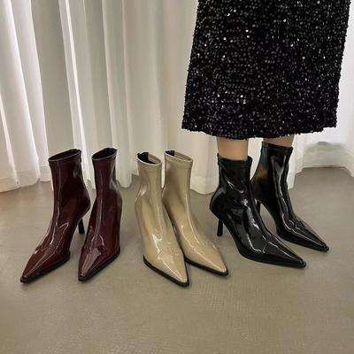 2025 New Pointed Rear Zipper Short Boots Thin Heel Medium Tube Elastic Thin Boots Black Patent Leather Bright Leather High Heel Boots