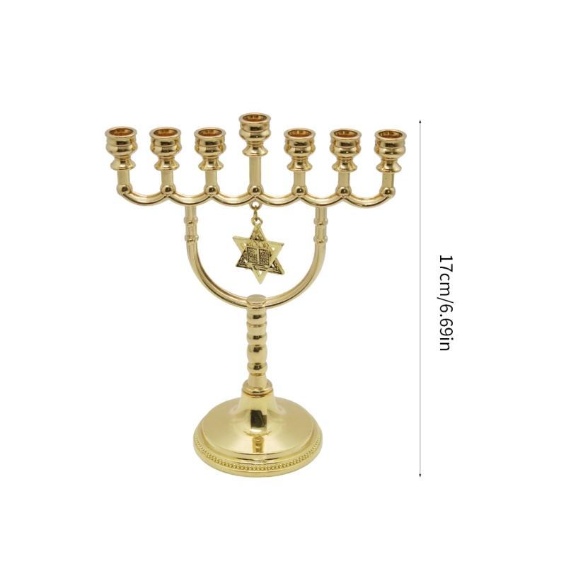 Hanukkah Menorah 7 Branch Holder Stand with Hexagonal Star Pendant X3UC
