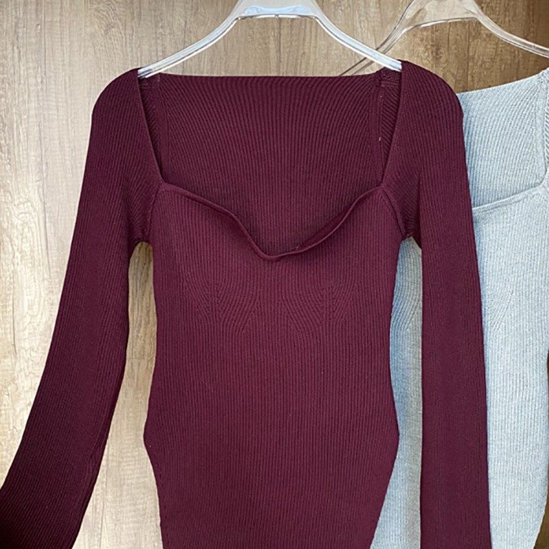 Square Collar Long Sleeve Woman Sweaters Knitted Pullover Wo