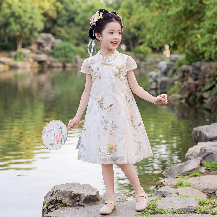 2026 New Chinese Style Girls Summer Qipao Dress - Short Sleeve, Printed, Mid-Length 140 cm