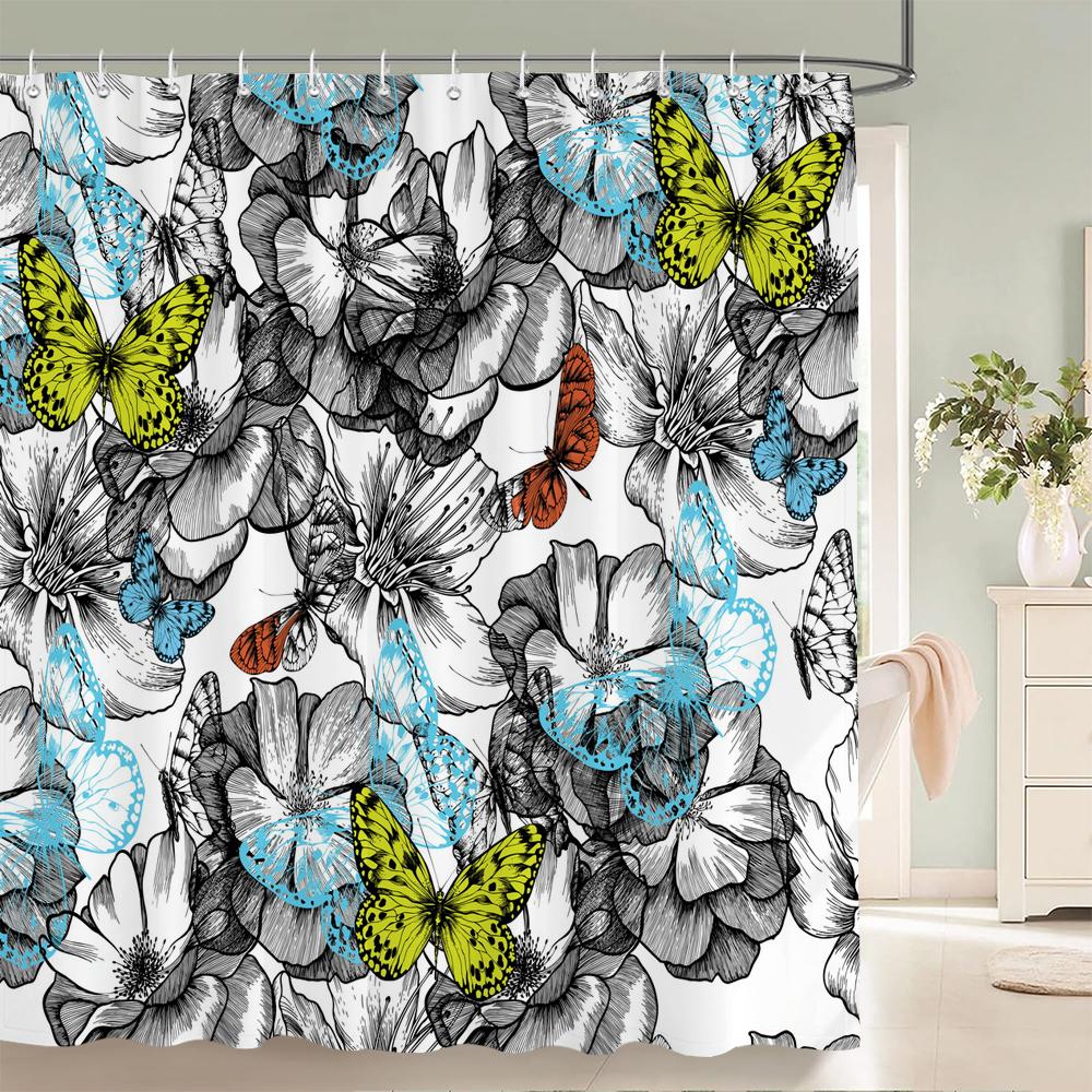 Beautiful Butterfly Shower Curtains Waterproof Fabric Floral Bath Curtains For Bathroom Bathtub Bathing Cover With Hooks