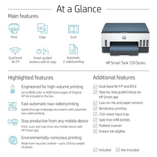 HP Smart Tank 720 AiO Printer Inkjet Colour MFP A4 15 Ppm USB Wi-Fi