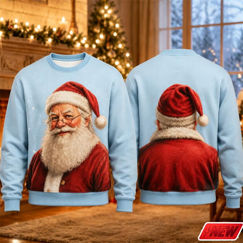 Christmas Crew Neck Sweater Men Vintage Santa Claus 3d Print Pullover Top Xmas Snowflake Graphic Casual Novelty Festival Hoodies