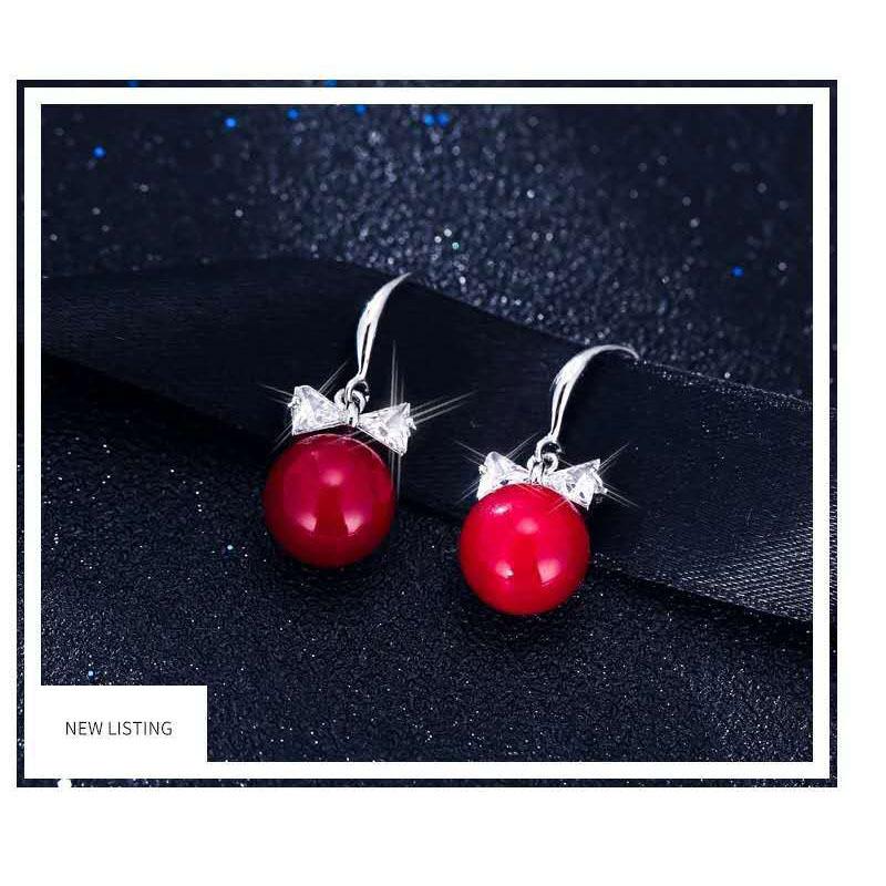 911 Silver Red Pearl Stud Earrings Celebrity Luxury Bow Zircon Versatile Internet celebrity hipster earrings