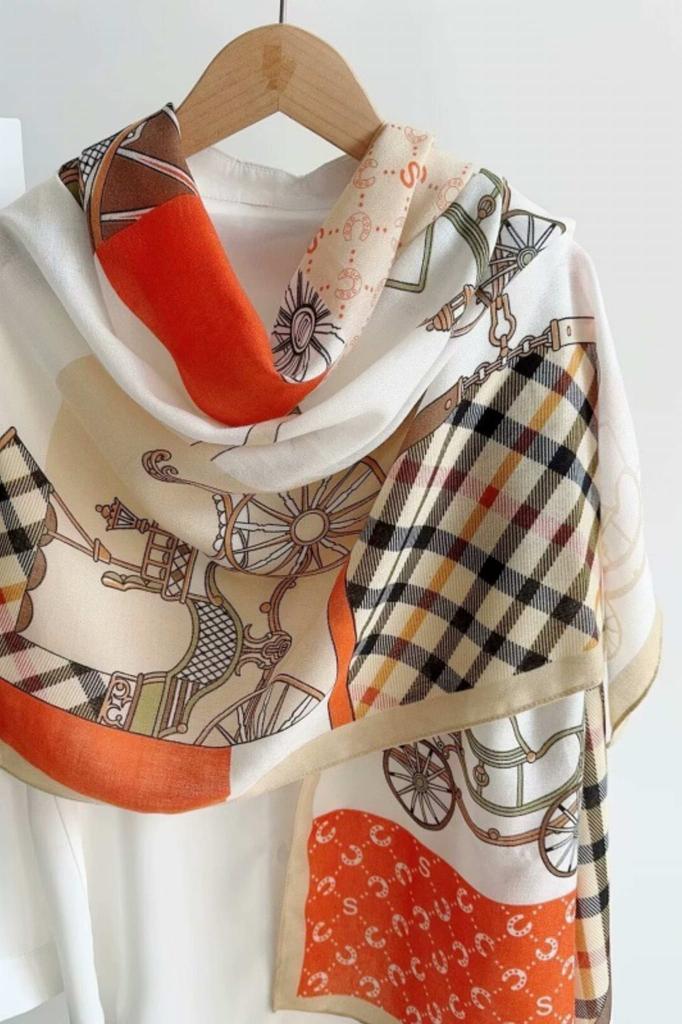 Retro Scarf With Diamonds And Carriages Print - 100% Viscose, 180X85