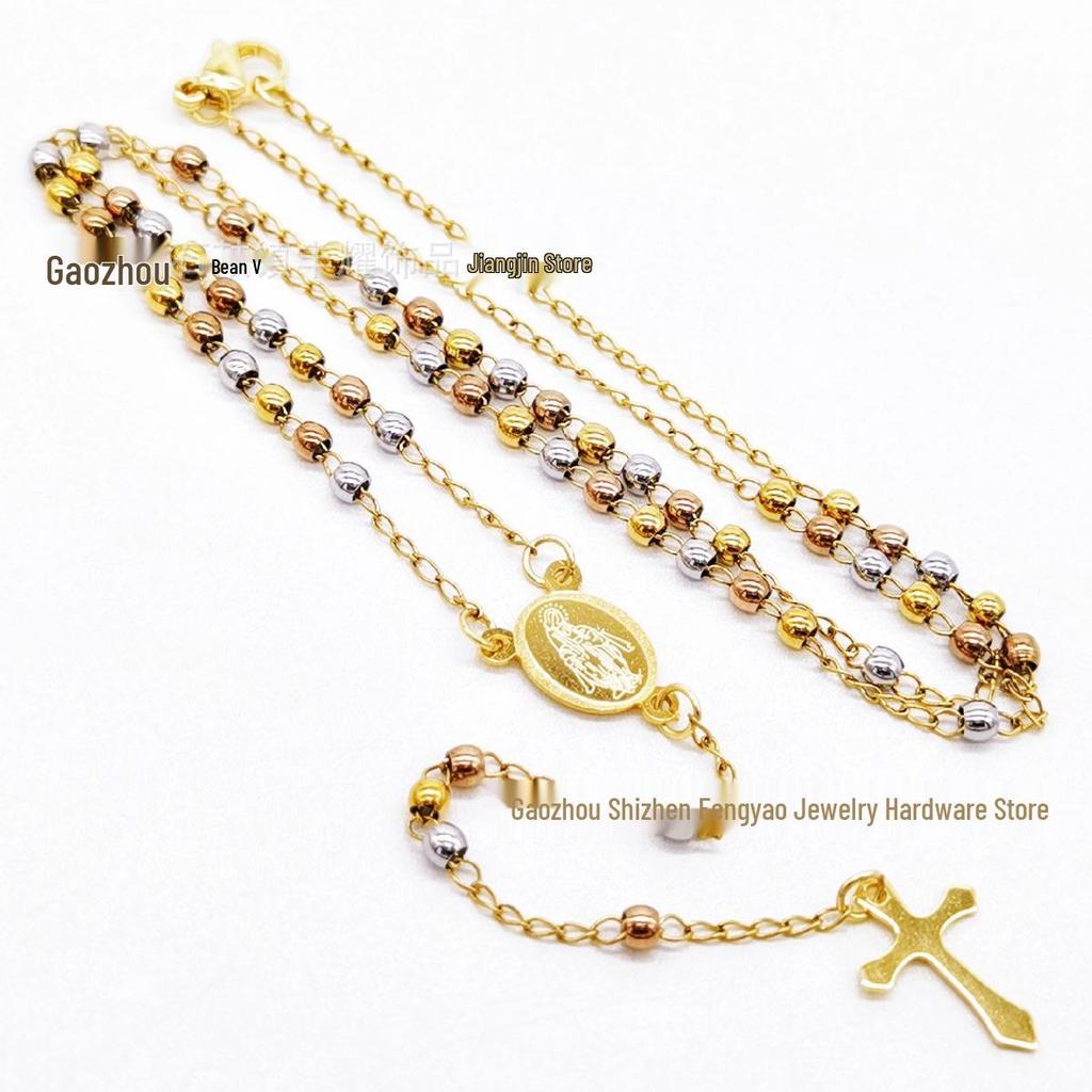 3M Goldene Rose Stahl Halskette: Elegantes dreifarbiges Design mit runden Perlen