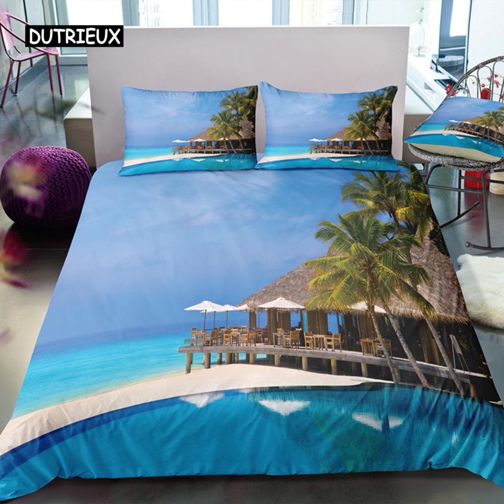 3Pcs Bedding Sets 3D Digital Printing Quilt Duvet Cover Set Landscape Sea Surface Beach Home Queen King Quilt Pillowcase
