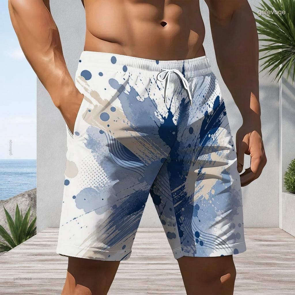 Men s Plus Size Abstract Printed Beach Shorts Drawstring Waist Side Pockets Straight Leg