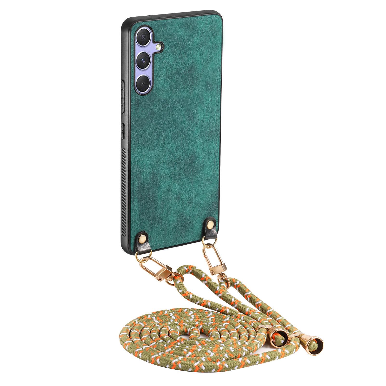

For Samsung Galaxy A34 5G Retro Leather Phone Back Cover with Adjustable Strap Green