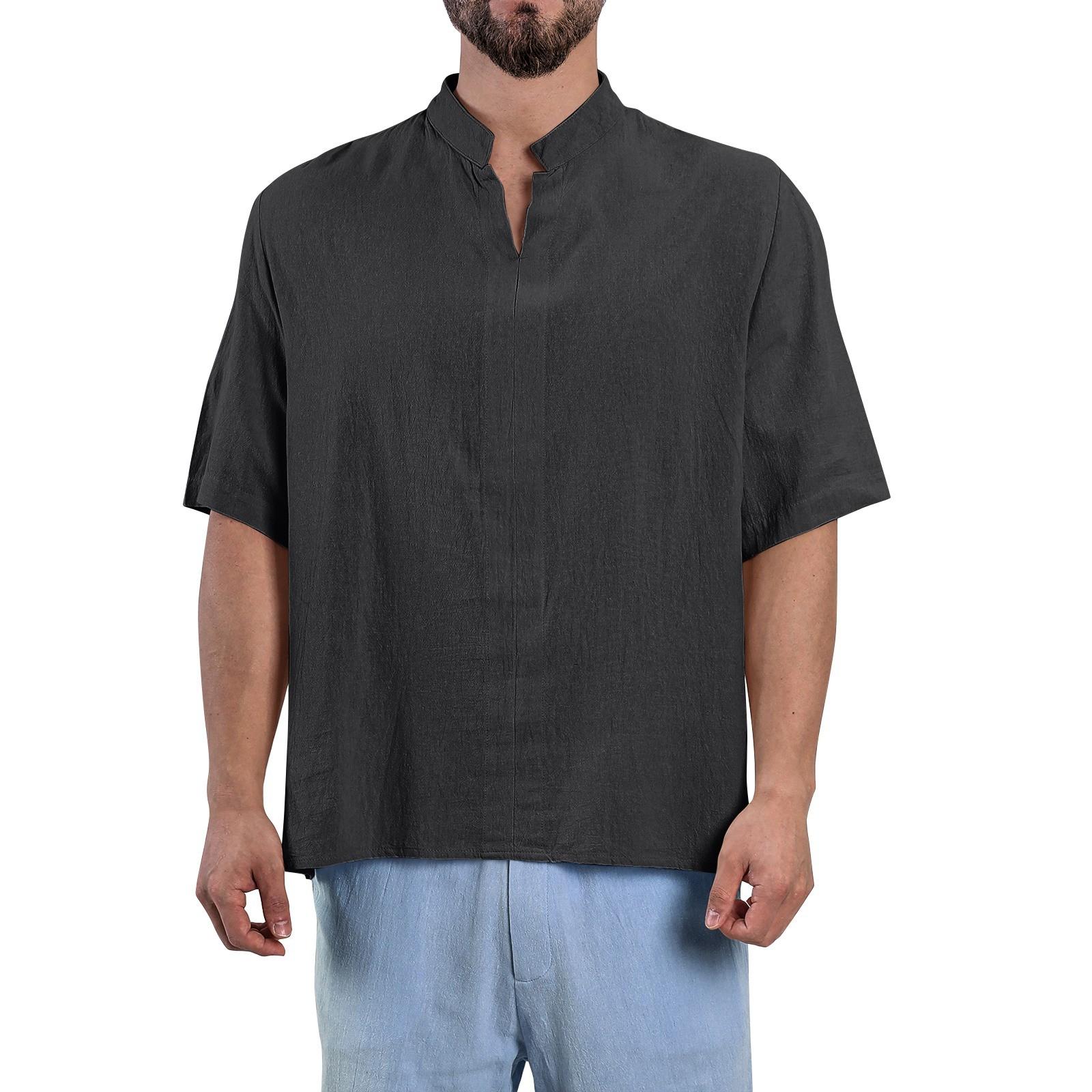 

Мужские летние однотонные топы из хлопка и льна с V-образным вырезом и рукавами-пять точек, повседневные модные топы для мужчин L чёрный