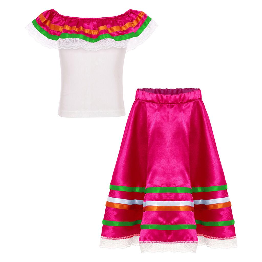 Girls Mexican Dress Set Off Shoulder Ruffled Top Elastic Waistband Lace Ribbon Trim Skirt