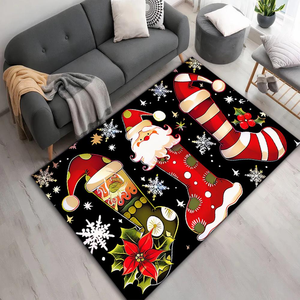 Festive Christmas Hat & Stocking Area Rug - Durable Polyester Mat with Santa, Candy Canes, Snowflakes & Holly Design for Living