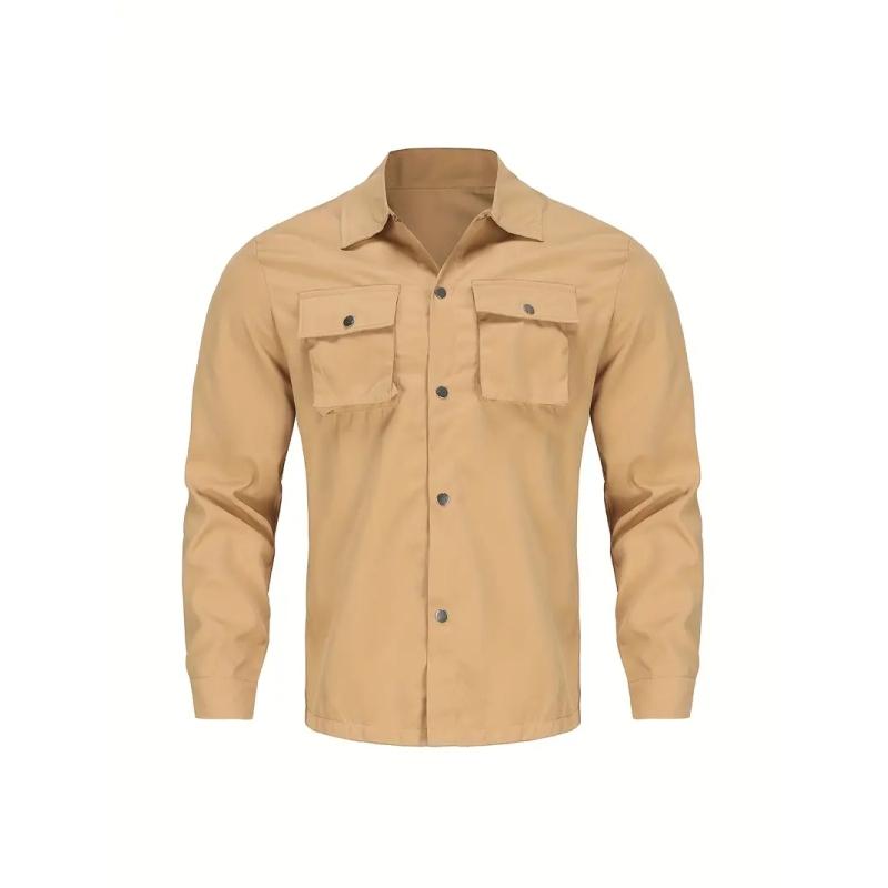 Men's, Solid Color Long Sleeve Button Down Jacket with Chest Pocket and Drawstring Pants with Multiple Pockets, Outdoor 2 Piece Set