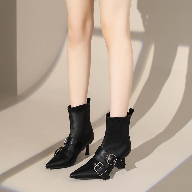 Pointed Toe Metal Buckle Strap Short Boots for Female Women Thin High Heel 2025 New Fabric Elegant Sexy Winter Shoes