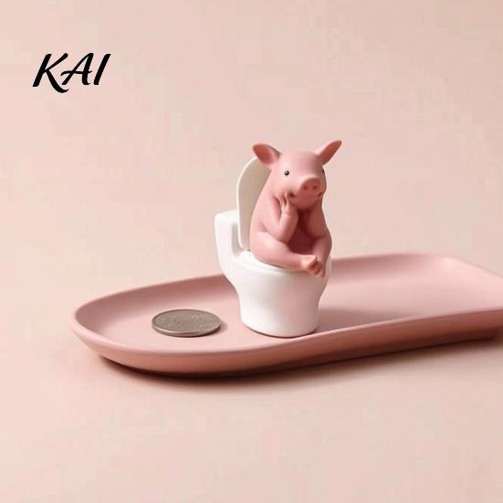 Pig Collectible Figurine Miniature Pink Toilet Figurine, Sitting on Thinking Ornament Statue, Cartoon Farm Animal Decoration for Home,