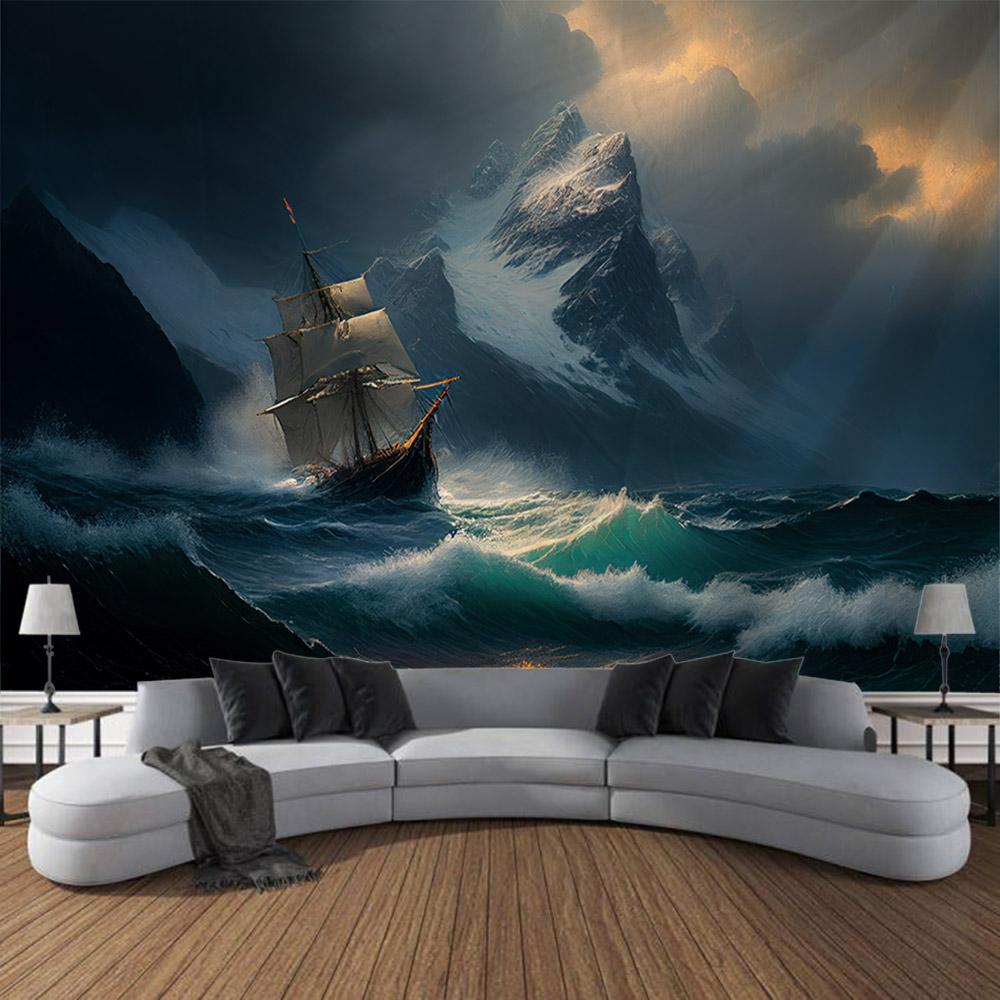 Navigation Landschaft Wandteppich Retro Piratenschiff Kunst Wandbehang Fantasy Bohmische Ästhetik Dekoration Raum Kunst Wanddekoration