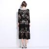 Spring Autumn Women Elegant V-neck Embroidery Flower Lace Long Maxi Party Dresses With Belt