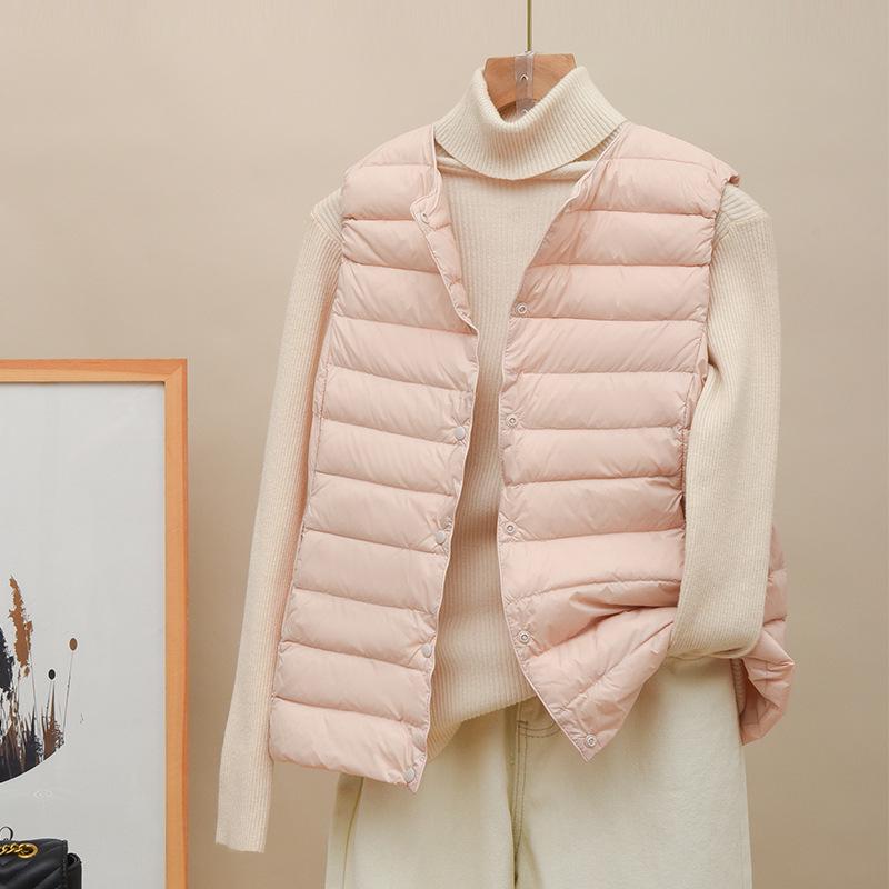 Women's Lightweight Down Vest: 90% Down, Collarless, Round Neck, Thin Style for Middle-Aged and Elderly.
