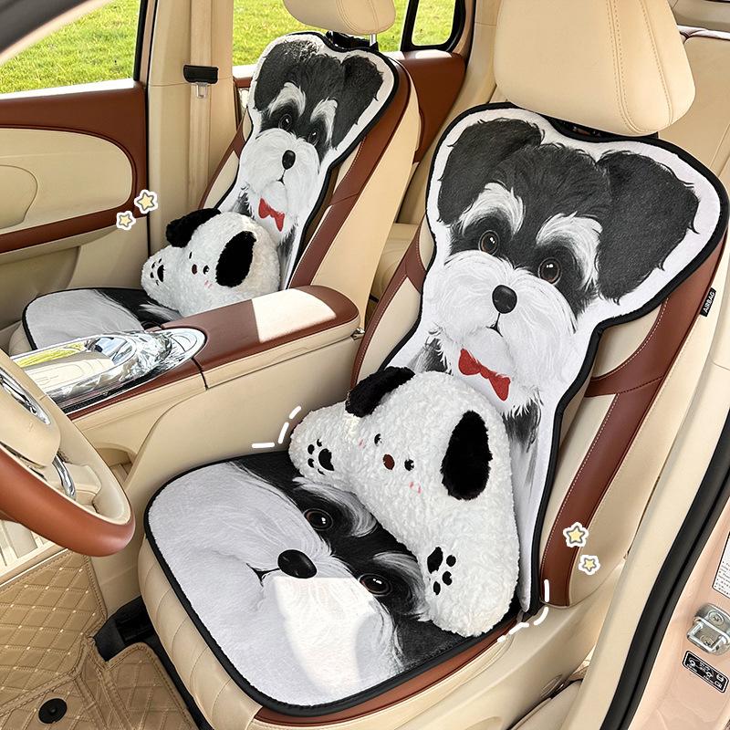 Niedliches Welpen Autositzkissen Plüsch Dick Warm Autositz Nackenkissen Winter Anti-Rutsch Autositzbezug Rückenkissen Lendenwirbelstütze