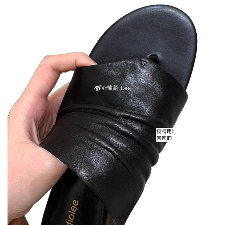 Cowhide version~ Grape mother, the same minimalist old money wind wide upper cowhide pleated versatile thick heel sandals slippers women