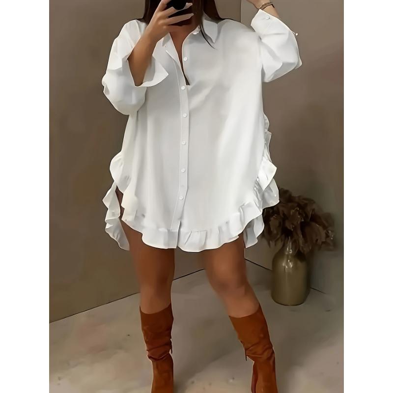 Women's Fashion Casual Spring Fall Solid Color Print Long Sleeve POLO Neck Ruffled Edge Blouses & Shirts